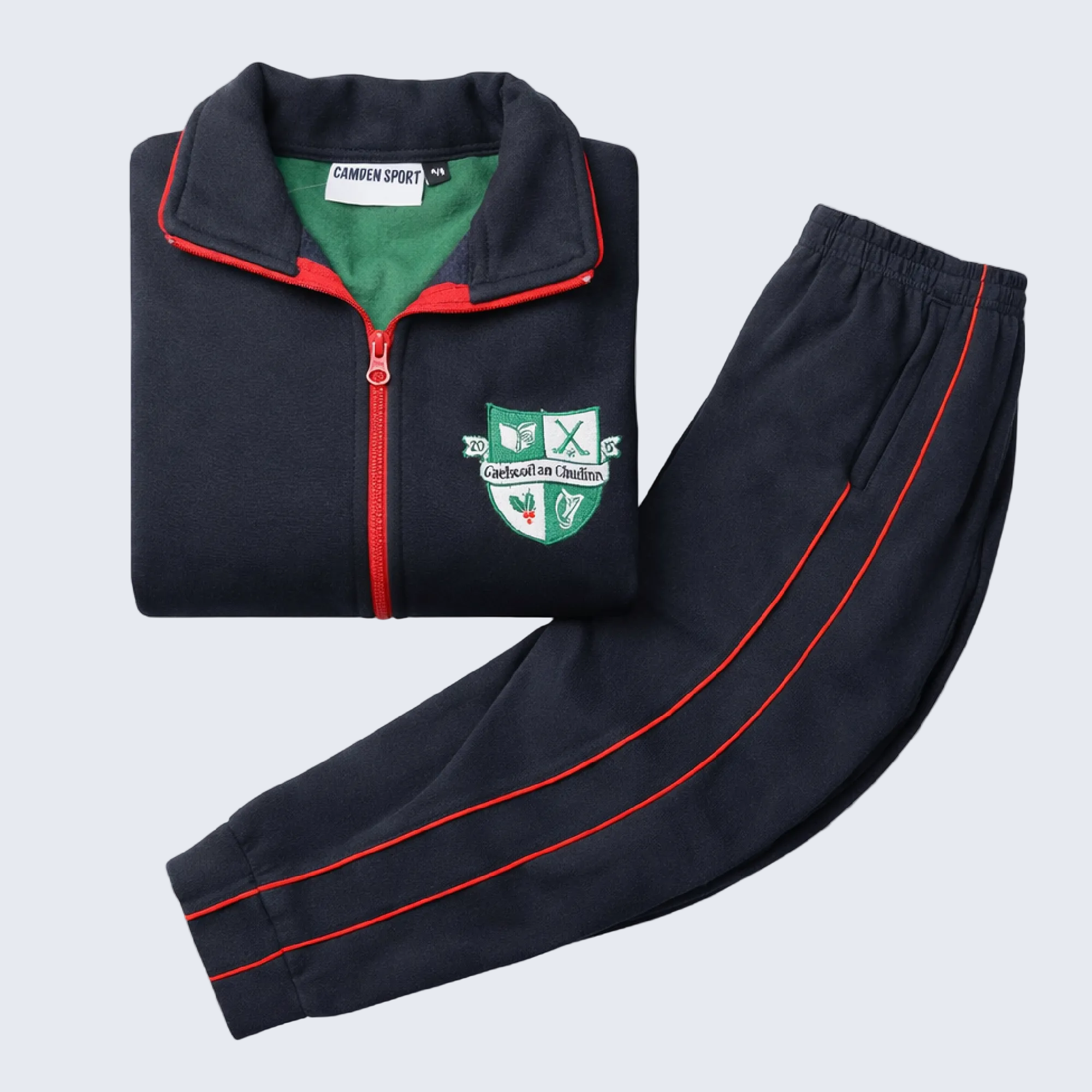 Navy tracksuit with red accents and a logo on a white background