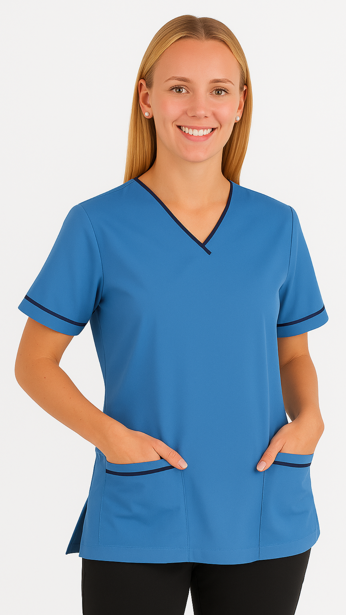 Woman wearing a blue scrub top with black trim on a white background