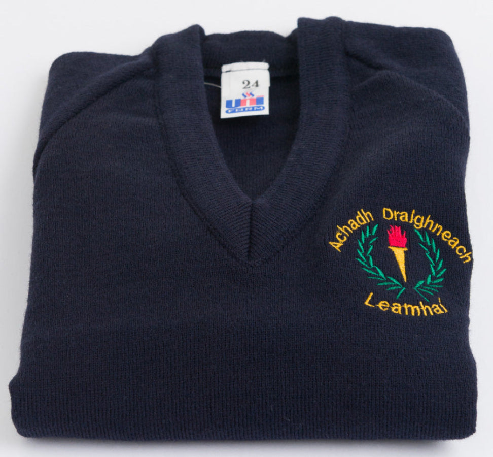 Navy blue knit jumper with a logo and a yellow decorative element on the left chest area.