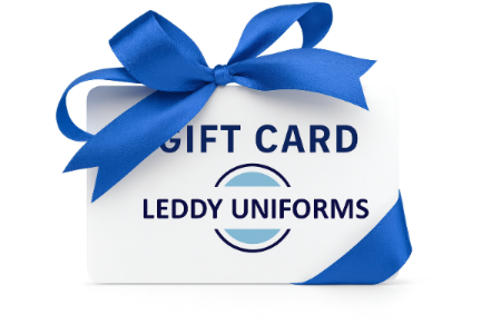 Gift card with blue ribbon from Leddy Uniforms on a white background