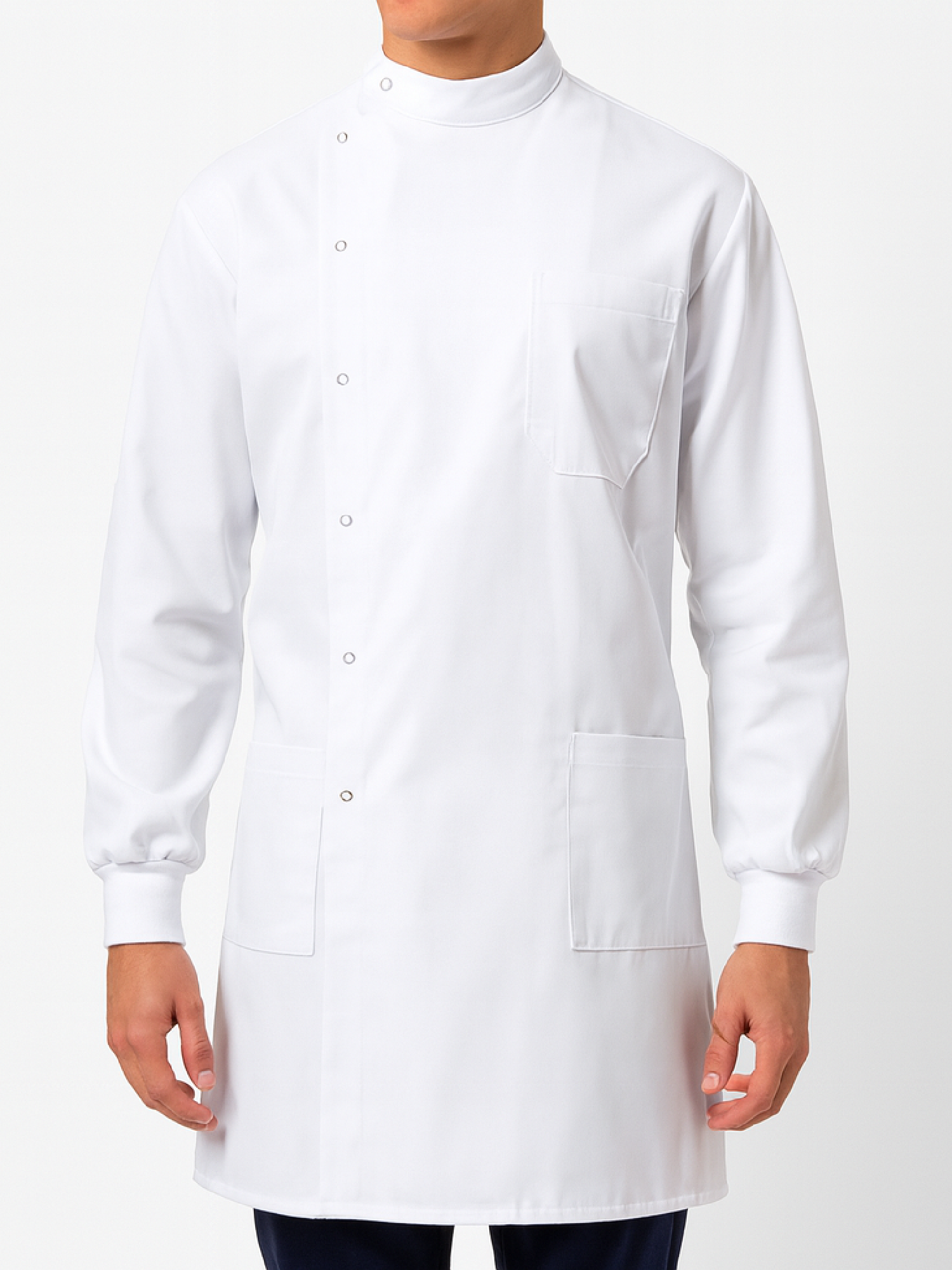 White lab coat worn by a person on a white background