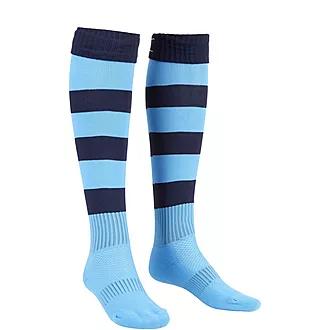 A pair of rugby socks with horizontal blue and white stripes.
